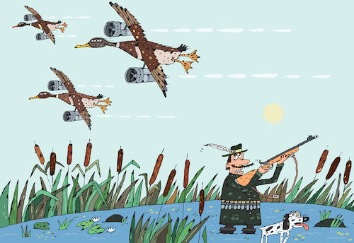 Cartoon: Entenjagd (medium) by Sergei Belozerov tagged hunting,hunt,duck,hunter,rifle,gun,fowl,wild,jäger,gewehr,flinte,ente,spaniel,jagdhund,motor,flugzeug,flug,patrone,entenjagd