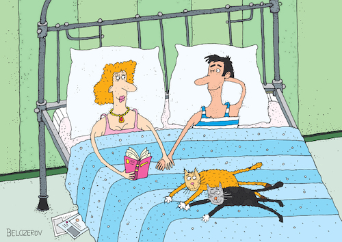 Cartoon: Gute Nacht (medium) by Sergei Belozerov tagged katze,cat,pussycat,familie,ehepaar,frau,wife,husband,mann,liebe,love,bett,family