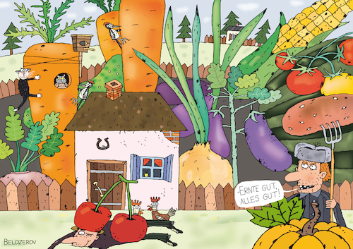 Cartoon: Harvest (medium) by Sergei Belozerov tagged ernte,harvest,biodynamisch,erntefieber,landwirtschaft,garten,gartenliebe,erntedank,landwirt,bauer,farmer,aubergine,zwiebel,bete,kirsche,lebensmittel,karotte,food,möhre,düngemitte