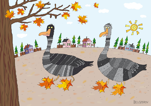 Cartoon: Herbstschuhe (medium) by Sergei Belozerov tagged gans,goose,autumn,herbst,blatt,leaves,fus,pfote,ahorn,vogel