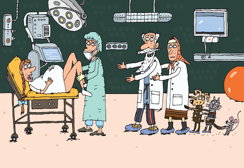 Cartoon: Joint Birth (medium) by Sergei Belozerov tagged schwangerschaft,geburt,birth,pregnant,baby,newborn,klinik,medizin,arzt,doctor,geburtshelfer