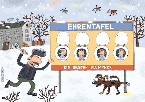 Cartoon: Klempner (medium) by Sergei Belozerov tagged klempner,plumber,ehrentafel,hund,berufsstolz,installateur