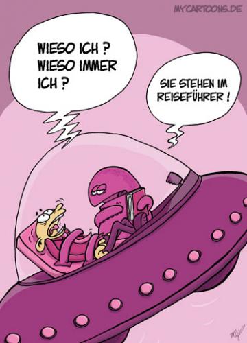 Cartoon: Alien Reise (medium) by mil tagged alien,ufo,mann,entführung,reise,reiseführer,frage,antwort