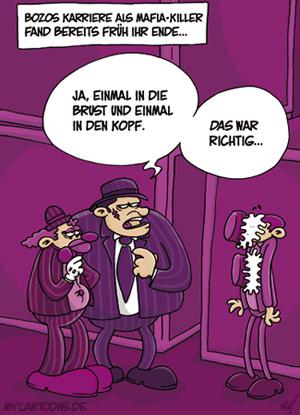 Cartoon: Bozo der Killer (medium) by mil tagged bozo,clown,killer,torte,werfen,kugel,mafia,opfer,auftrag,test,fehler,mil