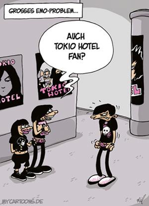 Cartoon: Emo-Problem (medium) by mil tagged emo,tokio,hotel,bill,kaulitz,fans,problem,ärger,style,schwarz,verwechslung