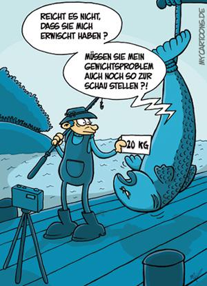 Cartoon: Kein leichter Fang (medium) by mil tagged fisch,angler,angelrute,fang,fischfang,foto,gewicht,problem,komplexe,ärger,mil