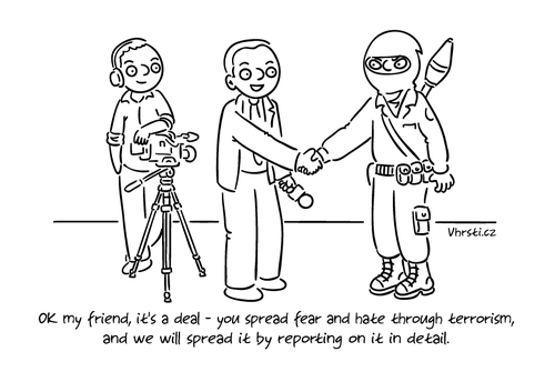Cartoon: A deal (medium) by Vhrsti tagged terrorism,media,attacks,reporter,terrorist,cameraman,deal,fear,hate