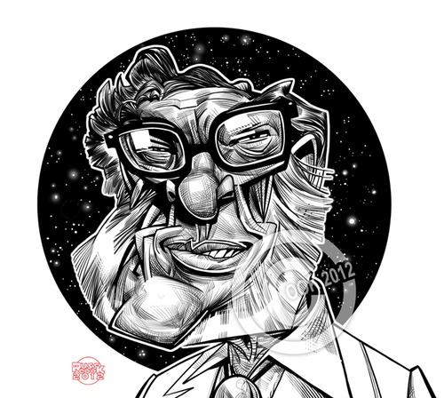 Cartoon: Isaac Asimov (medium) by Russ Cook tagged series,foundation,robot,karikatur,zeichnung,photoshop,cintiq,wacom,drawing,white,and,black,cartoon,illustration,portrait,caricature,cook,russ,fiction,science,writer,asimov,isaac