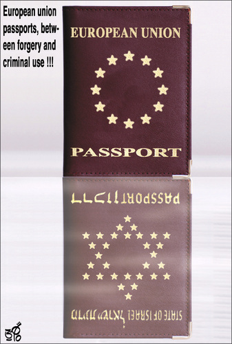 Cartoon: European Union passports2 (medium) by samir alramahi tagged european,union,passports,forgery,criminal,eu,europe,uae,arab,ramahi,cartoon