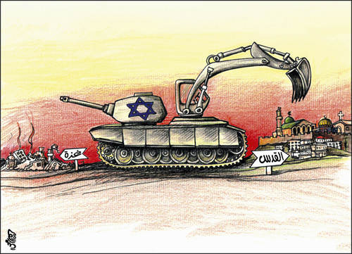 Cartoon: from gaza to Jerusalem (medium) by samir alramahi tagged gaza,tags,arab,jerusalem,palestine,war,israel,ramahi