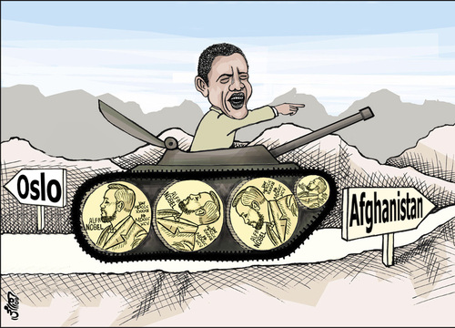 Cartoon: From Oslo to Afghanistan ..! (medium) by samir alramahi tagged oslo,afghanistan,usa,nobel,prize,obama,ramahi