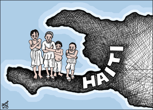Cartoon: HAITI (medium) by samir alramahi tagged haiti,earthquake,map,ramahi,cartoon,children,nature