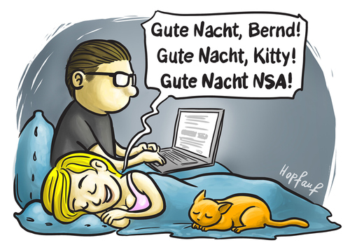 Cartoon: Gute Nacht! (medium) by Hopfauf tagged internet,nsa,überwachung,daten,paar,prism,laptop,netbook,computer,bett,schlafen,katze,haustier,geheimdienst,datenschutz