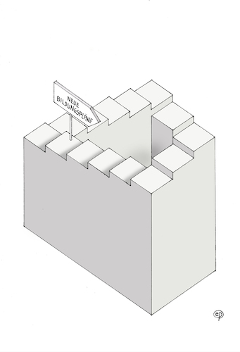 Cartoon: Escher-Bildungspläne (medium) by Erwin Pischel tagged bildungsplan,bildungspläne,schule,pädagogik,unterricht,lehrer,lehrerin,schüler,schülerin,bildungsstandards,didaktik,methodik,erziehung,lehrplan,bildungskonzept,bildungswesen,escher,optische,täuschung,sinneswahrnehmung,dreidimensional,räumlich,modernisierung,anpassung,standard,qualitätsentwicklung,bildung,lernkultur,qualität,vergleichbarkeit,schulcurriculum,curriculum,entwicklung,orientierung,kultusministerium,weiterentwicklung,hinweisschild,neu,neues,bergauf,bergab,treppe,stufen,pischel