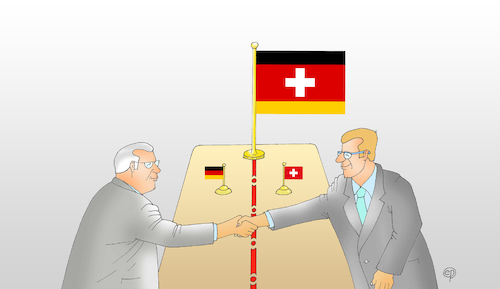 Cartoon: Grenzwertig (medium) by Erwin Pischel tagged schweiz,deutschland,flagge,fahne,grenze,grenzverlauf,verhandlung,verhandlungstisch,runder,tisch,handschlag,pischel