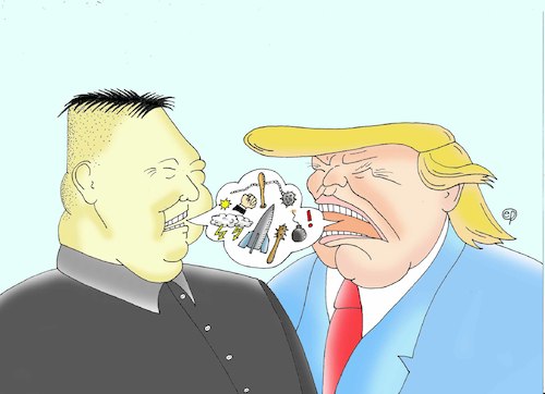 Cartoon: Kim Donald Jong Trump-un (medium) by Erwin Pischel tagged kim,jong,un,diktator,nordkorea,korea,north,chorea,regime,diktatur,machthaber,pjoengjang,hinrichtung,menschenrechte,pressefreiheit,meinungsfreiheit,unterdrückung,säuberungsaktion,internierungslager,drohung,raketen,nuklearwaffen,nuklearkrieg,raketenabwehr,guam,pazifik,pazifikinsel,macht,donald,trump,präsident,usa,vereinigte,staaten,amerika,republikaner,sexismus,patriotismus,rassismus,nationalismus,populismus,protektionismus,isolationismus,immobilien,medien,chauvinismus,milliardaer,ku,klux,klan,fake,news,postfaktisch,karikatur,angst,kriegsdrohung,krieg,angriffskrieg,pischel