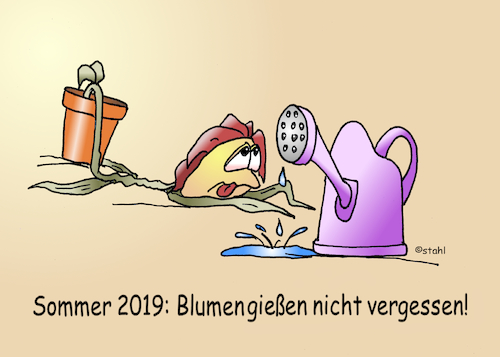 Cartoon: Blumengießen (medium) by wista tagged sommer,hitze,2019,blumen,blumengießen,gießen,trocken,hitzewelle,pflanzen,natur,vertrocknen,feld,felder,garten,gartenpflanzen,blätter,wasser,schlauch,spritzen,dürre,verdorren,sonne,sonnenschein,celsius,grad,temperatur,rekordtemperature,hitzerekord,rekord