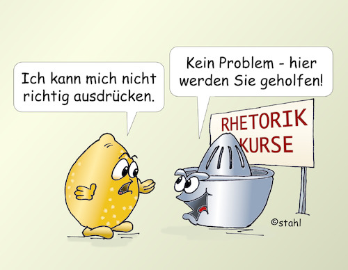 Cartoon: Redekunst (medium) by wista tagged germanistik,redekunst,rede,reden,rhetorik,kurs,seminar,schule,schulung,rhetorikkurs,rhetorikseminar,sprache,sprechen,vortrag,vortragen,präsentieren,präsentation,lernen,schüler,missverständnis,zitrone,zitronenpresse,presse,auspressen,drücken,ausdrücken,ausdruck,koch,küche,gerichte,essen,trinken,kochbuch,rezept,rezepte,orange,orangenpresse,saft,zitronensaft,limo,limonade,zitronenlimo