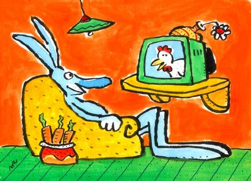 Cartoon: die sendung mit dem huhn (medium) by ari tagged medien,eastern,chicken,rabbit,tv,ostern,huhn,hase
