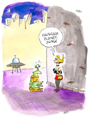 Cartoon: Falscher Planet (medium) by ari tagged woman,alien,city,planet,