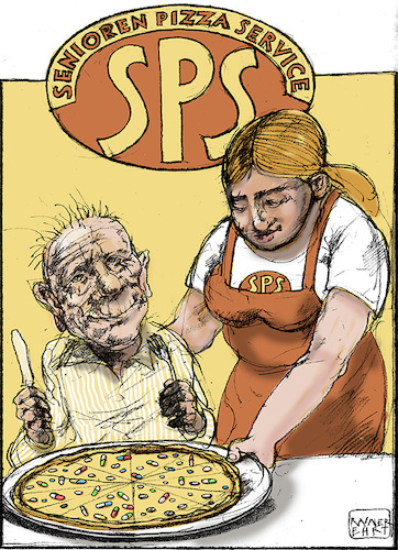 Cartoon: Senioren-Pizza-Service (medium) by Rainer Ehrt tagged senioren,seniorenheim,medikamente,alter,pharma,pharmakonzerne