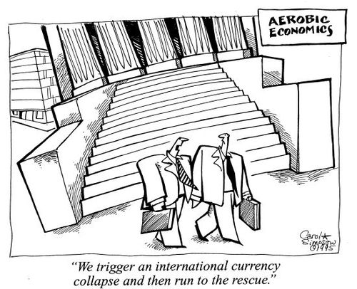 Cartoon: Aerobic Economics (medium) by carol-simpson tagged imf,currency,collapse,global,finance,bailouts,debt
