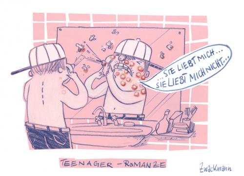 Cartoon: Teenagerromanze (medium) by Zwackmann tagged liebe,verliebt,teenager,jugendliche,pickel,badezimmer