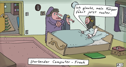 Cartoon: Abschiedsstunde (medium) by Leichnam tagged abschied,computer,sterben,tod,freak,runterfahren