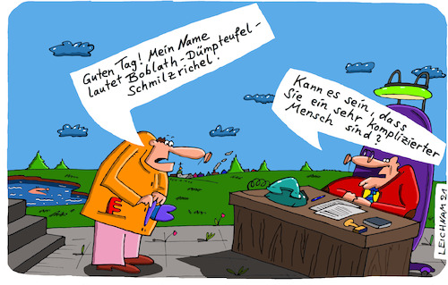 Cartoon: Am Schreibtisch (medium) by Leichnam tagged schreibtisch,name,dümpteufel,kompliziert,vorstellung,leichnam,leichnamcartoon