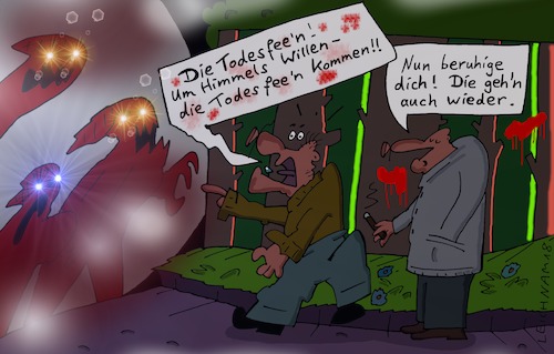 Cartoon: Am Todeswald (medium) by Leichnam tagged todeswald,feen,todesfeen,leichnam,leichnamcartoon,gefahr,blut,tod,ende