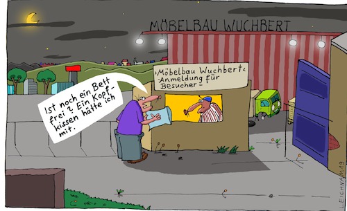 Cartoon: Anfrage (medium) by Leichnam tagged anfrage,produktion,fabrik,anmeldung,werkhalle,möbelbau,bett,kopfkissen,leichnam,leichnamcartoon,besucher