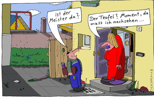 Cartoon: Azubi (medium) by Leichnam tagged azubi,meister,teufel,gattin,lehrling,lehre,tür,türklingel,nachgefragt,nachsehen,moment,leichnam,leichnamcartoon