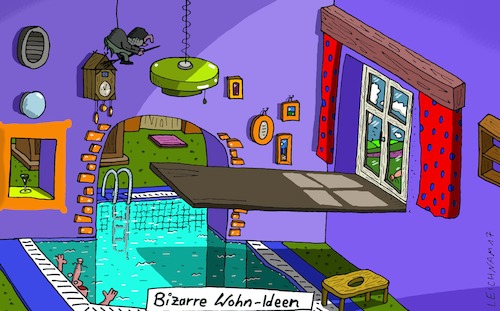 Cartoon: BWI (medium) by Leichnam tagged bwi,bizarr,wohnen,ideen,unter,wasser,planschen,wohnzimmer,wohnung,am,fenster,sprungbrett,becken,schwimmen,erfrischung