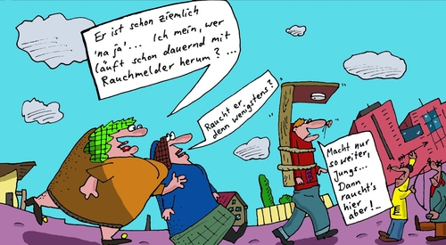 Cartoon: dauernd (medium) by Leichnam tagged dauernd,rauchmelder,rumlaufen,raucher,rauch,qualm,feuer,jungs,lausbuben,streiche,unsinn,unfug,strafe,zorn,wut