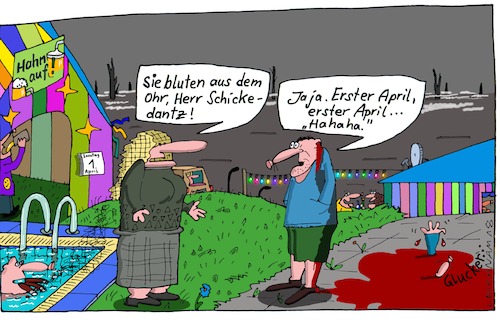 Cartoon: Der Hinweis (medium) by Leichnam tagged hinweis,blut,bluten,ohr,ertrinken,fest,bierzelt,leichnam,lichterkette,leichnamcartoon