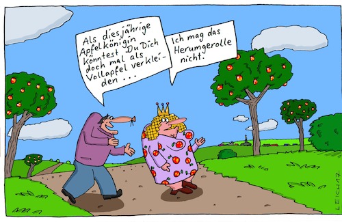Cartoon: diesjährig (medium) by Leichnam tagged diesjährig,apfelkönigin,obst,krone,majestät,lokal,vollapfel,herumgerolle,rollen,verkleiden,verkleidung