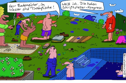 Cartoon: Dunkelblau (medium) by Leichnam tagged dunkelblau,freibad,tinte,tintenfische,kongress,schriftsteller,autoren,konferenz,leichnam,leichnamcartoon,schwimmen,schwimmbad,urlaub,freizeit,hitze,sommer,bademeister,aufgefallen