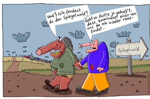 Cartoon: Ehe (medium) by Leichnam tagged ehe,spiegelwald,hinweisschild,gatte,gattin,spaziergang,unterwegs,leichnam,leichnamcartoon