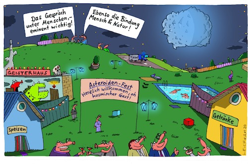 Cartoon: Ein Fest (medium) by Leichnam tagged fest,feierlichkeit,gespräch,bindung,natur,asteroid,gast,kosmos,universum,herren,speisen,getränke,nacht,lichterkette,willkommen,leichnam,leichnamcartoon