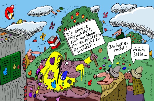 Cartoon: Erich (medium) by Leichnam tagged erich,wahnsinn,verrückt,schutz,schild,leichnam,leichnamcartoon