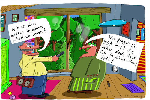 Cartoon: Fragerunde (medium) by Leichnam tagged fragerunde,wald,haus,leben,wohnen,bäume,natur,leichnam,leichnamcartoon,witzblatt