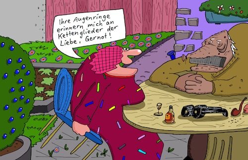 Cartoon: Gernot 21 (medium) by Leichnam tagged gernot,am,tisch,vorgarten,anschmachten,liebelei,augenringe,erinnerung,kettenglieder,liebe,mitropaaschenbecher,optik