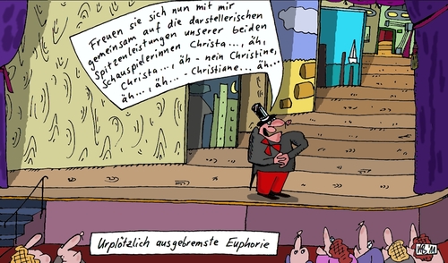 Cartoon: Große Bühne (medium) by Leichnam tagged darbietung,bretter,vorstellung,freude,christa,christine,christiane,spitzenleistung,euphorie,urplötzlich,bühnenbild,ansager,theater,darstellerin,schauspielerin,leichnam,bühne,große