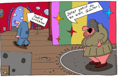 Cartoon: Günter (medium) by Leichnam tagged günter,madrid,entfernung,schild,pfeil,ehefrau,leichnam,leichnamcartoon