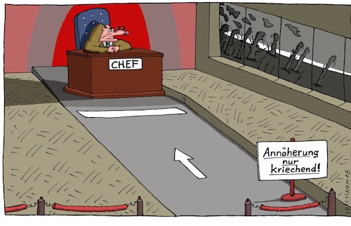 Cartoon: Gute Güte ... (medium) by Leichnam tagged gute,güte,schreibtisch,boss,chef,annäherung,kriechend,kriechen,schild,aufforderung,leichnam,leichnamcartoon