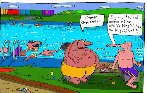 Cartoon: im Freibad (medium) by Leichnam tagged freibad,frauen,kugelfisch,vergleiche,sommer,sonne,urlaub,hitze,schwimmen,schwimmbad