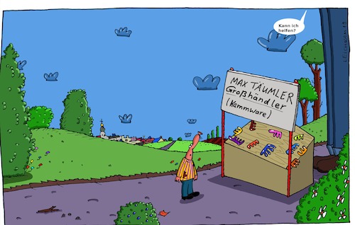 Cartoon: Im Grünen (medium) by Leichnam tagged grün,verkaufsstand,großhändler,kunde,kämme,leichnam,leichnamcartoon