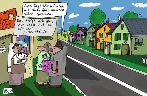Cartoon: Jehovas Zeugen (medium) by Leichnam tagged zeugenjehovas,außenstände,kneipe,religion,vater,bibelforscher