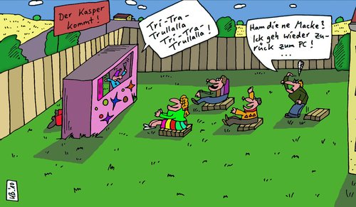 Cartoon: Kinderspaß (medium) by Leichnam tagged kinderspaß,kasper,kasperletheater,macke,pc,vorführung,kindergeburtstag