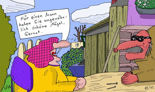 Cartoon: Kompliment (medium) by Leichnam tagged kompliment,nägel,am,holztisch,gernot,vorgarten,dicke,brille